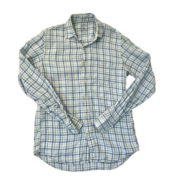 J Crew 100% Linen Gingham Plaid Button Up Shirt Blue Green Mens size Small - Picture 1 of 4